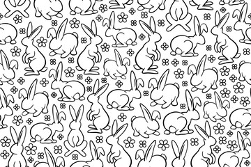 Cute and sweet pet bunnies seamless pattern. Repeating pattern with line art adorable rabbits with black thin line. 