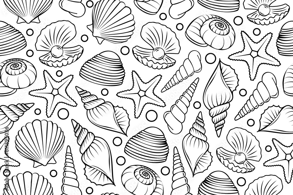 Poster line art seamless pattern with outline shells and mollusks. linear illustrations with underwater cre