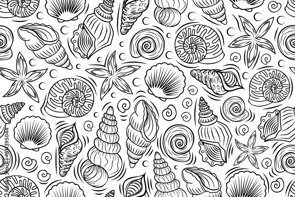 Poster line art seamless pattern with outline shells and mollusks. linear illustrations with underwater cre