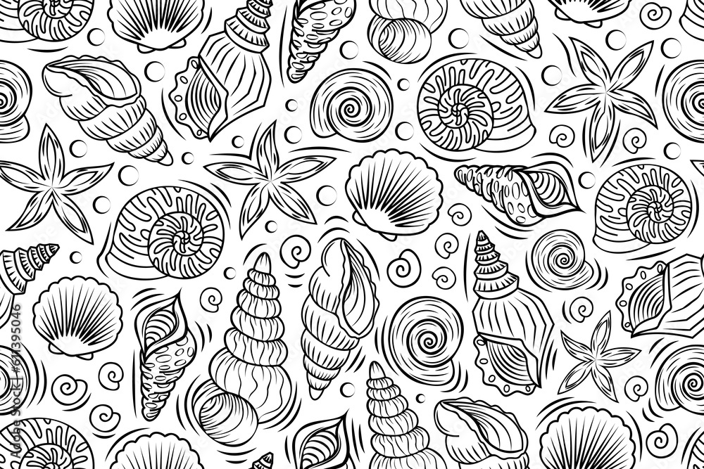 Poster line art seamless pattern with outline shells and mollusks. linear illustrations with underwater cre