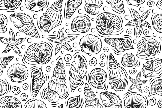 Line art seamless pattern with outline shells and mollusks. Linear illustrations with underwater creatures in black and white colors.