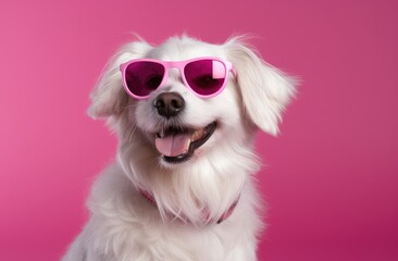 A White Dog with Pink Glasses with a pink background and a blurry background behind it, with a blurry background behind it, and a pink background  - obrazy, fototapety, plakaty