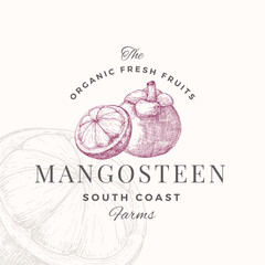 Mangosteen Badge Logo Template. Hand Drawn Fruit Sketch with Retro Typography. Premium Plant Based Vegan Food Emblem Isolated