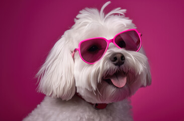 A White Dog with Pink Glasses with a pink background and a blurry background behind it, with a blurry background behind it, and a pink background  - obrazy, fototapety, plakaty