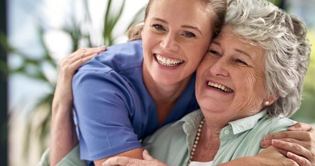 Nurse hug, senior woman and patient at a hospital with support, care and smile at work. Healthcare, medical and wellness clinic with female nursing employee and elderly person with a happy smile