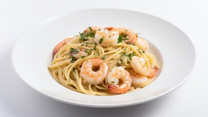 A colorful plate of shrimp scampi pasta with garlic and butter sauce on White Background with copy space for your text created with generative AI technology