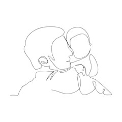 a father with a child. line art. vector drawing. A young dad hugs his son. Hand-drawn illustration for Father's Day. on a white background. black lines.