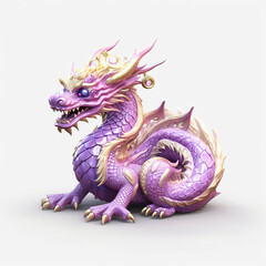 Ceramic detailed Chinese dragon in purple and gold in deep colors. Creative composition of a cute chinese dragon. Chinese fantasy dragon. Realistic 3D illustration. Generative AI