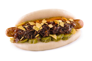 Hot dog with pickled cucumbers and crispy onions on a white background
