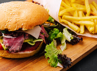 burger with jerky meat with fries