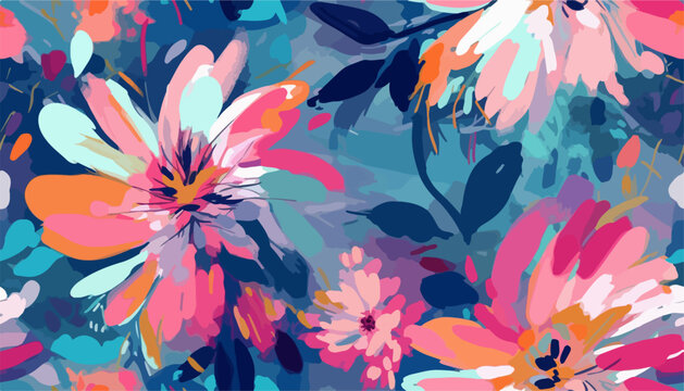 Cute hand drawn abstract flowers print. Modern cartoon style pattern. Fashionable template for design. Pink flower pattern, with blue backgrounds, vibrant acrylic colors brush strokes, vibrant florals