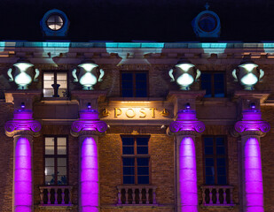Gothenburg, Sweden - May 30, 2023: Vivid night illumination of the old post building in Gothenburg...