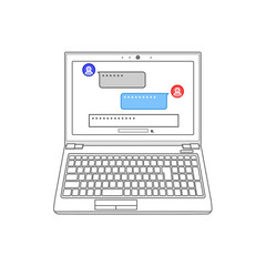 チャットの画面が表示された白色のノートパソコン
