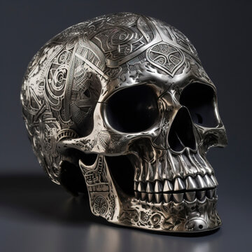 Inked Remnants: The Intricate Tapestry of a Engraved Skull created with Generative AI technology