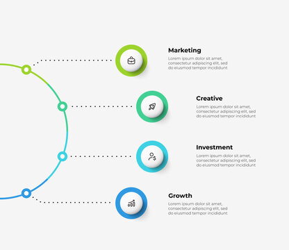 Central semicircle with dotted lines with 4 circles. Flow chart infographic slide. Concept of business project visualization with four options