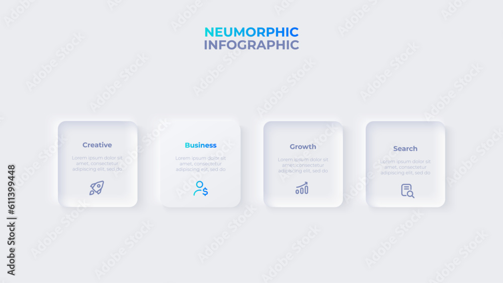 Aufkleber Light neumorphic horizontal progress diagram with 4 square elements. Infographic design template