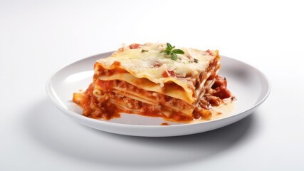 A plate of homemade lasagna with tomato sauce and melted cheese on White Background with copy space for your text created with generative AI technology