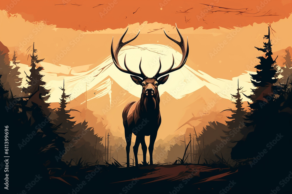 Sticker deer in the sunset vector, deer in the sunset vector, deer in naturedeer in nature