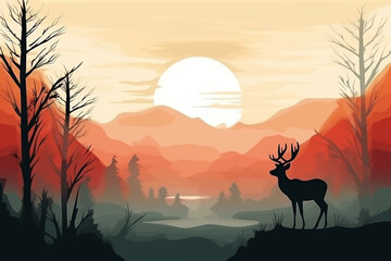 Fototapeta na wymiar deer in the sunset vector, deer in nature