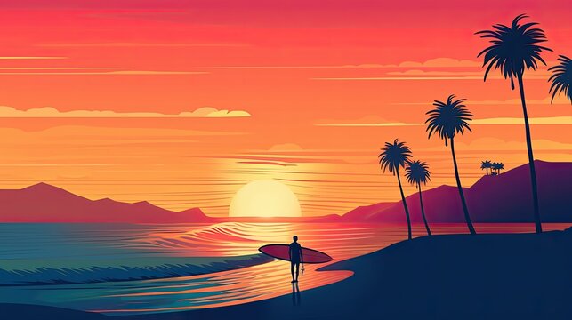 Light watercolors surfer on beach