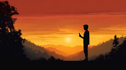 Silhouete of a person holding a cell phone outside with sunset