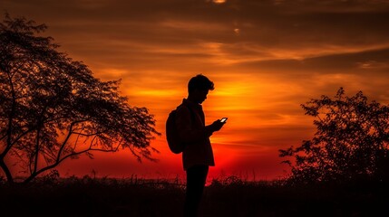 Silhouete of a person holding a cell phone outside with sunset