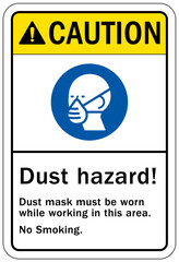 Dust mask warning sign and labels dust mask must be worn while working in this area. NO smoking