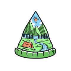 outdoor camping badge illustration in the wild. forest landscape vector illustration on white background