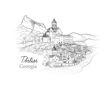 Old city skyline view. Capital cityTbilsi cityscape. Landscape with mountains, hills, river, ancient cathedral, tower and old city steets of downtown. Sketch drawing illustration