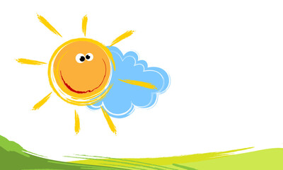 Funny cartoon sun with a cloud over a green field.