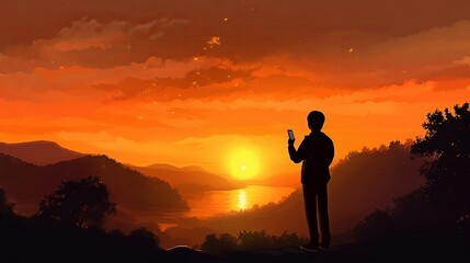 Silhouete of a person holding a cell phone outside with sunset