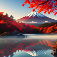 Colorful autumn season and Mount Fuji with morning mist and red leaves at Lake Kawaguchiko in Japan. generative AI