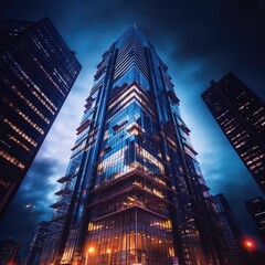 Create an architectural image showcasing a modern skyscraper at dusk, capturing the city lights and sleek design generated AI
