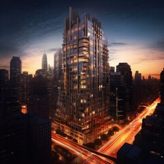 Create an architectural image showcasing a modern skyscraper at dusk, capturing the city lights and sleek design generated AI