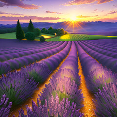 Naklejka na ściany i meble Stunning landscape with lavender field at sunset. Spring Provence. Endless lavender fields. generative AI