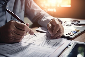 Closeup man filling form of individual income tax form, time for tax, created with Generative AI