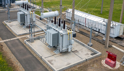 Top view of a high voltage substation with switches and disconnectors.