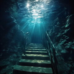 Rock cave with hole through which light shines underworlds. Deep water abstract natural backgrounds. Dark mysterious underwater cave sea world with sunshine. Realistic 3D illustration. Generative AI