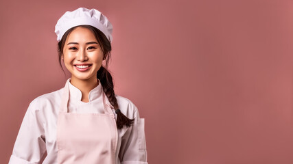 Portrait of smiling asian female chef, on a rose background, copy space, mockup, a fictional AI-generated person, Generative AI	