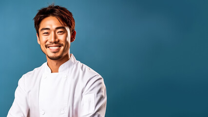 Portrait of smiling  asian male chef, on a solid background, copy space, mockup, a fictional AI-generated person, Generative AI