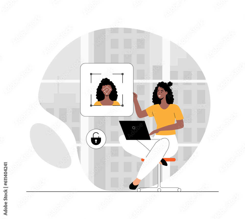 Poster face identity concept. security and identity verification. woman accessing her account with user fac