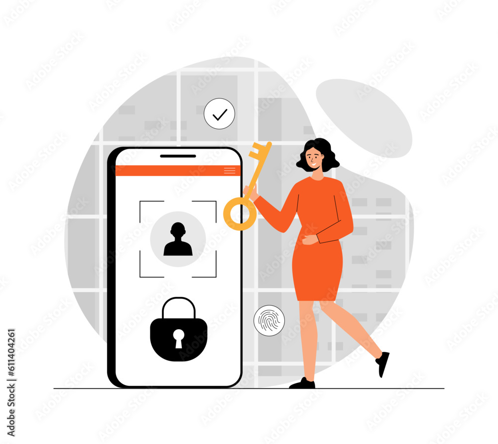 Poster personal data protection by biometric control. facial recognition system by smart mobile phone to un