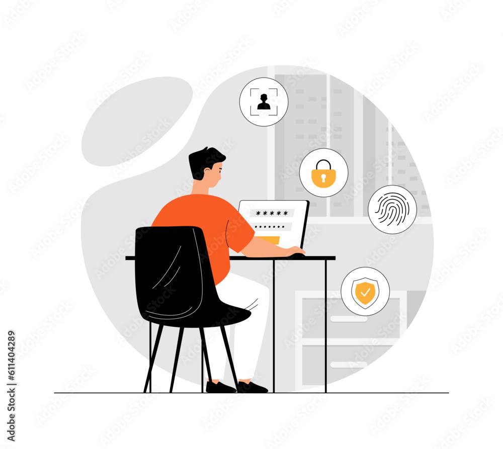 Poster data protection internet security. lock personal data with fingerprint, face scan or password. a man
