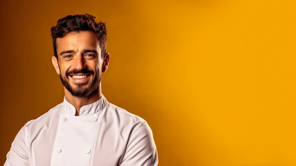 Obraz premium Portrait of smiling male chef, on a solid background, copy space, mockup, a fictional AI-generated person, Generative AI