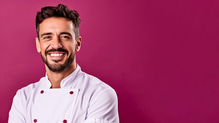 Obraz premium Portrait of smiling spanish male chef, on a solid background, copy space, mockup, a fictional AI-generated person, Generative AI 