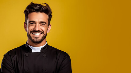 Obraz premium Portrait of white smiling male chef, on a solid background, copy space, mockup, a fictional AI-generated person, Generative AI