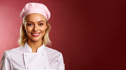 Portrait of white scaninavian smiling female chef, on a solid background, copy space, mockup, a fictional AI-generated person, Generative AI