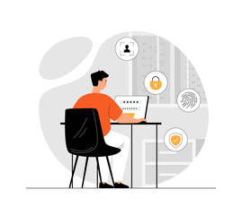 Data protection internet security. Lock personal data with fingerprint, face scan or password. A man enters a password on a laptop.Illustration with people scene in flat design for website and mobile 