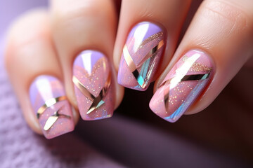 3D nail art of diamond and hologram nail design. Nail design closeup hand art acrylic gel manicure fingernail nail design abstract. Realistic 3D illustration. Generative AI