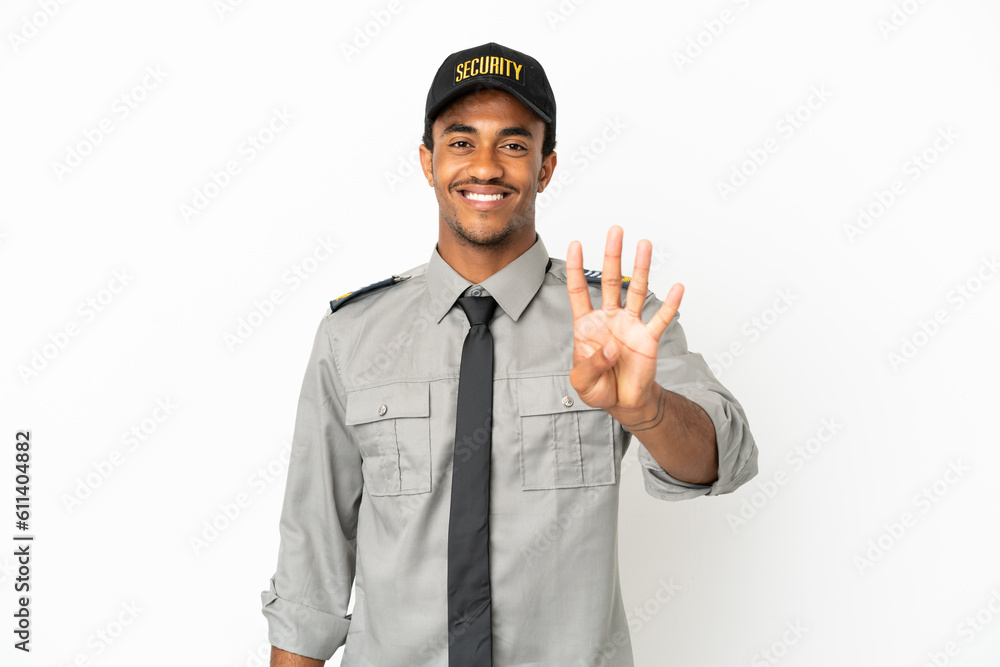 Wall mural African American safeguard over isolated white background happy and counting four with fingers